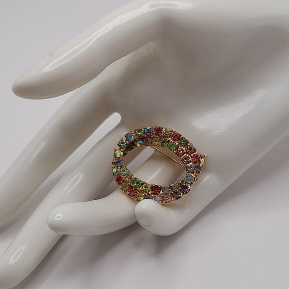 Vintage AB Pastel Prong Set Glass Rhinestone Oval Brooch, URANIUM Glass, 1 1/4" - Picture 4 of 10